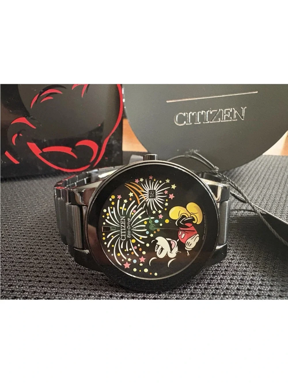 New Citizen Mickey Mouse Fiesta Eco-Drive Black Steel Watch AU1095-57W Box